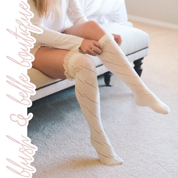 Knee High Lace Trim Bow Socks IVORY - Picture 2 of 5